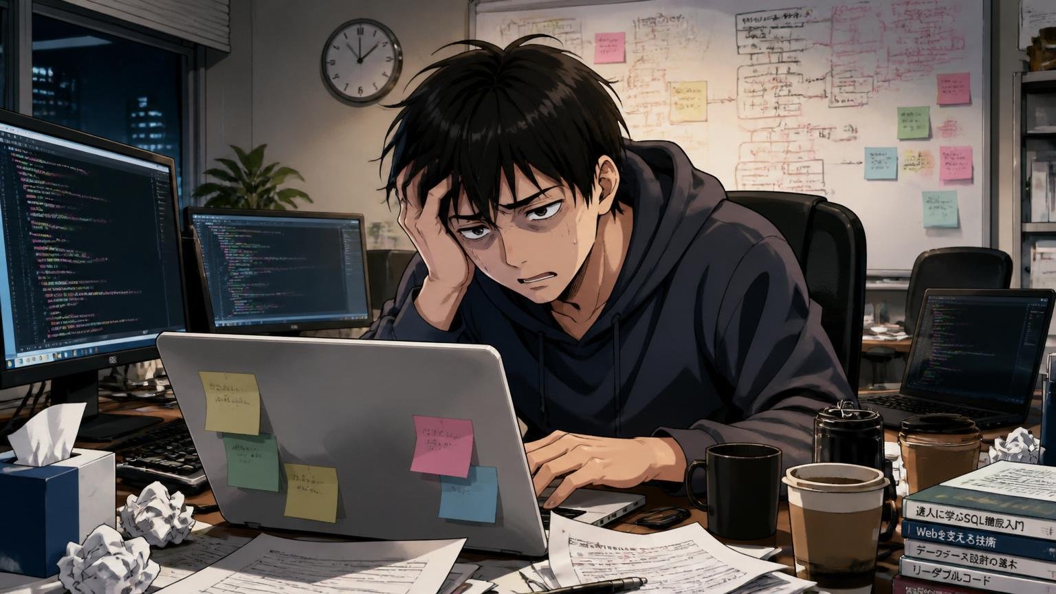 自社開発に行けば全て解決するという幻想で動く失敗。Web系スタートアップのオフィスで深夜まで残業する20代男性エンジニア1人、疲れた表情