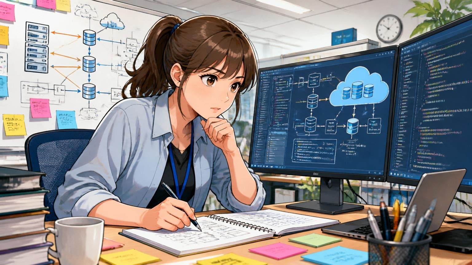 データ基盤企業のオフィスでAWS Auroraへの移行を設計する30代女性DBエンジニア1人
