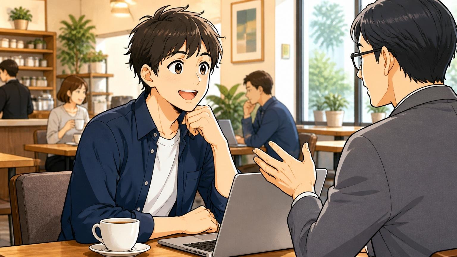ITエンジニア経験者向けの専門エージェントに、まず相談だけしてみる、カフェでITエンジニア向け転職エージェントの面談を受けるエンジニアの安心した表情