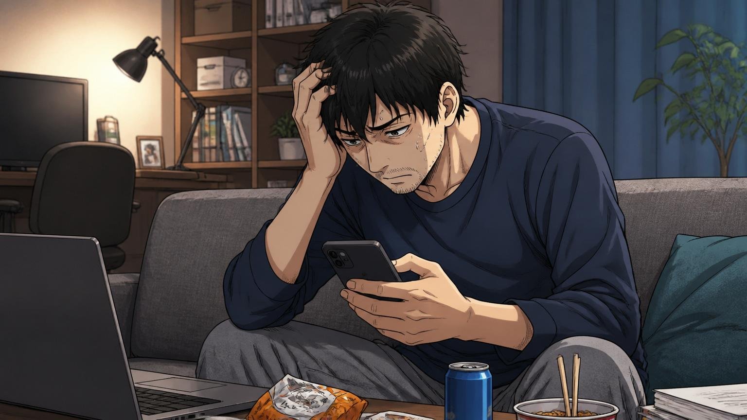 深夜にスマホを握ったまま一人で抱え込むエンジニア、自宅のリビングでうなだれる30代男性1人