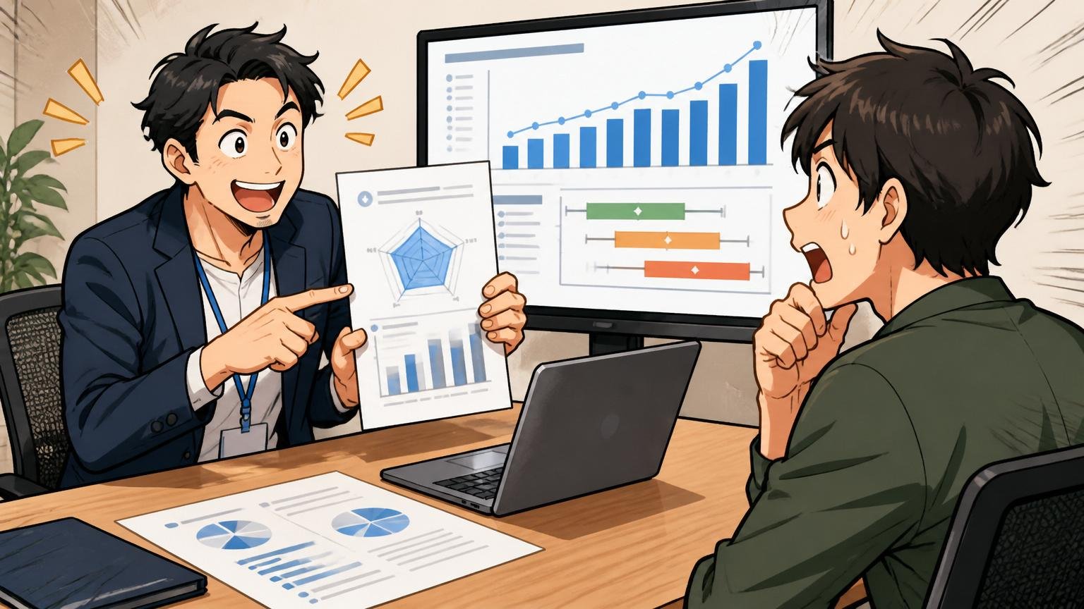 企業の会議室でキャリアアドバイザーがエンジニア1人に市場価値レポートと年収レンジを示して説明している場面