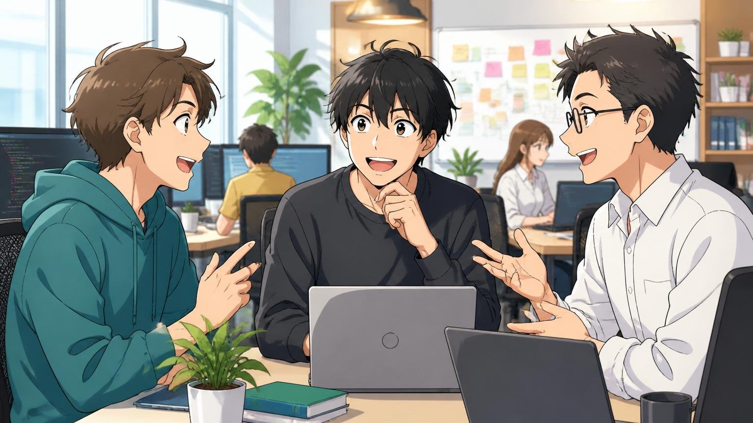 Web系スタートアップのオフィスで爽やかに働くエンジニア3人。多様な選択肢を象徴する明るい表情で談笑している