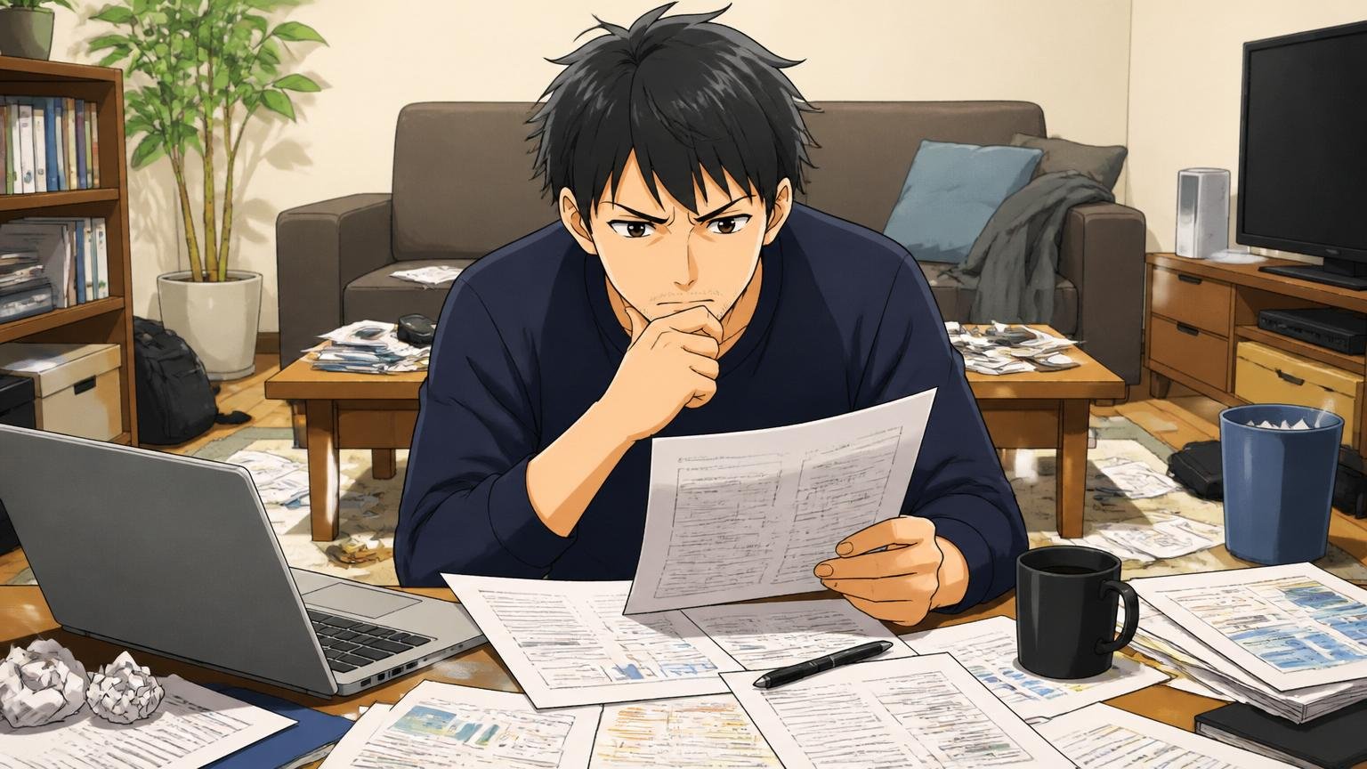 軸③1人で判断する材料が揃っているか。自宅のリビングで30代エンジニア1人が散らかった資料に囲まれて思考中の表情