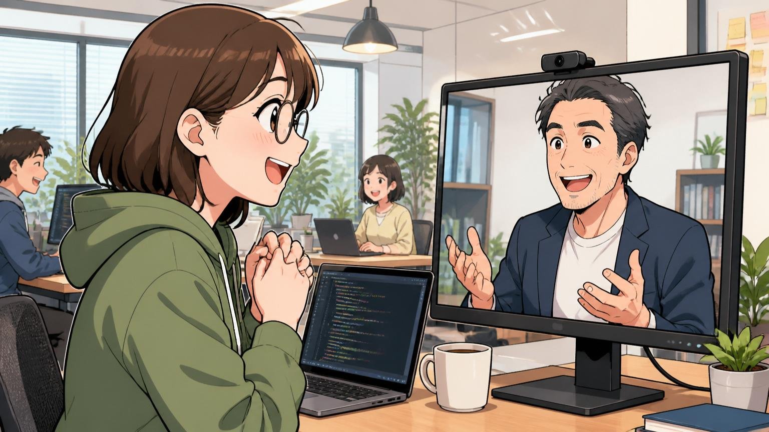 Web系スタートアップのオフィスで30代女性エンジニアと40代男性アドバイザーがオンライン面談で話す、安心した表情