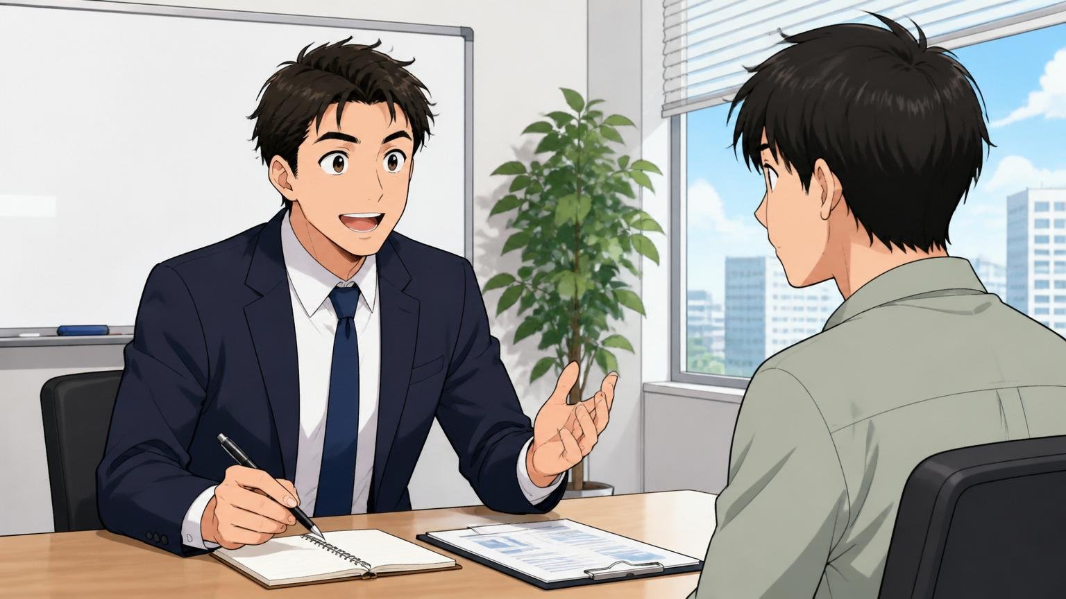企業の会議室で30代のキャリアアドバイザーと20代エンジニアがマンツーマンで面談する
