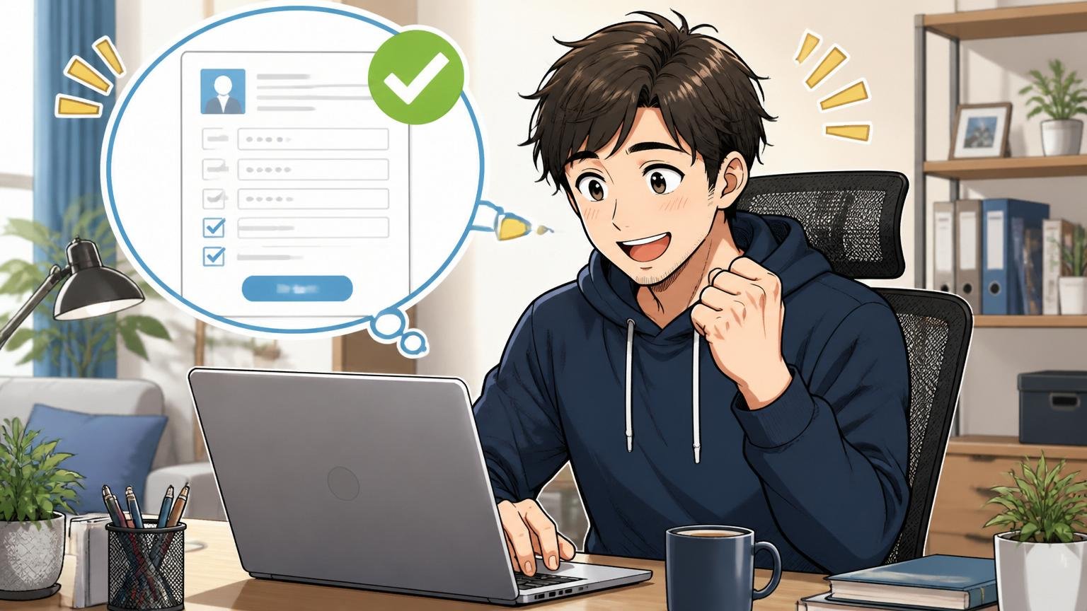 自宅のデスクで在宅勤務、30代男性ITエンジニアがエージェントへの登録フォームに記入して安心した表情