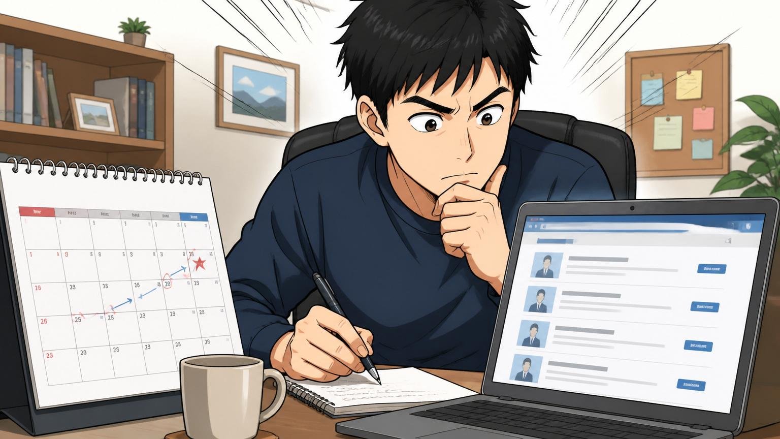 自宅のデスクで在宅勤務 カレンダーと求人サイトを見て再応募タイミングを計画する30代男性エンジニアが集中