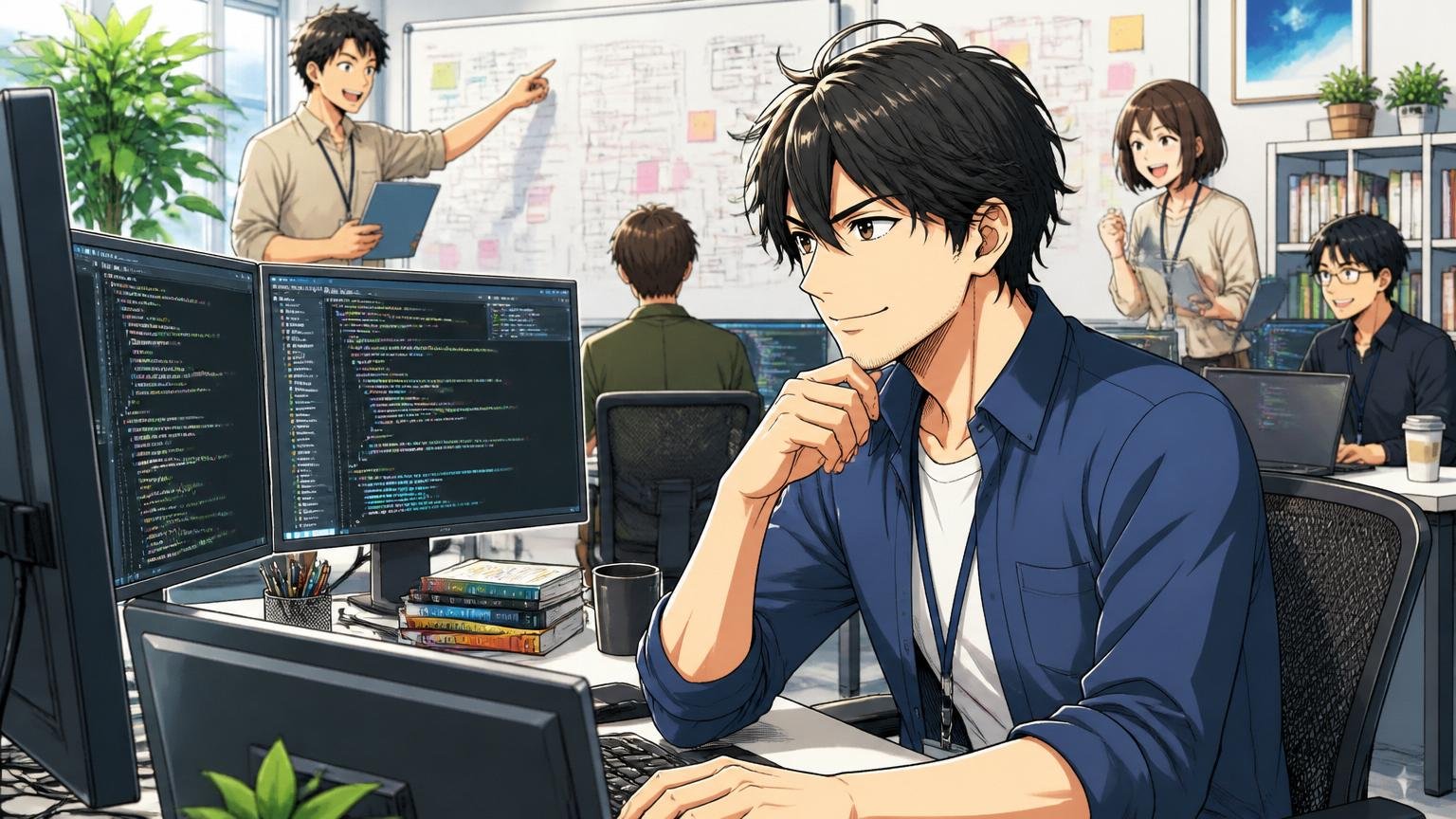 ITエンジニア経験を活かす別キャリア / Web系スタートアップのオフィスでテックリードとして働く30代男性1人、複数のモニターを見ながら充実した表情