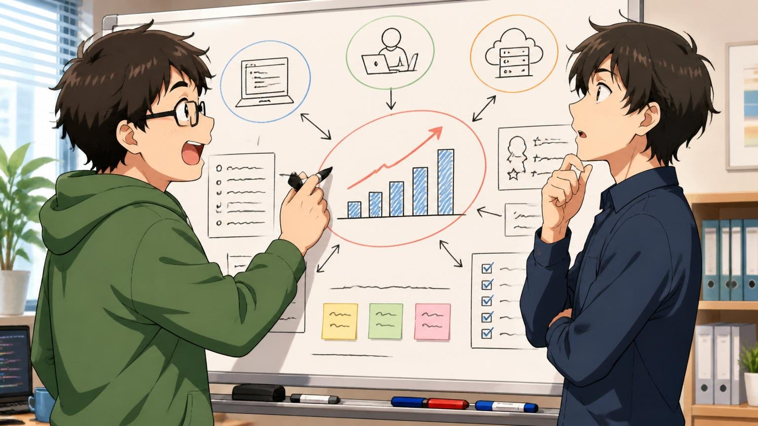 ホワイトボードに市場価値の整理図を書きながら考える2人のITエンジニア