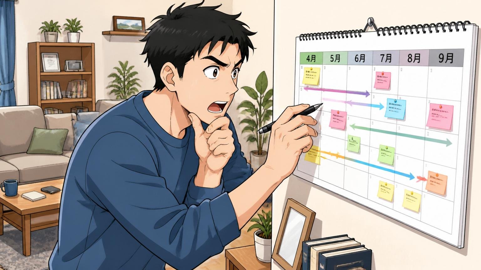 自宅のリビングで30代男性が壁掛けカレンダーを見ながら今後半年の転職スケジュールを計画中