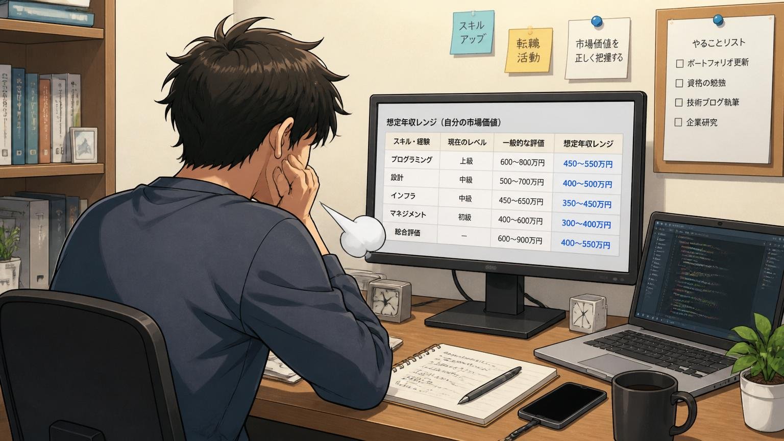 自宅のデスクで自分の市場価値を低く見積もりすぎてため息をつく30代男性エンジニアの後ろ姿