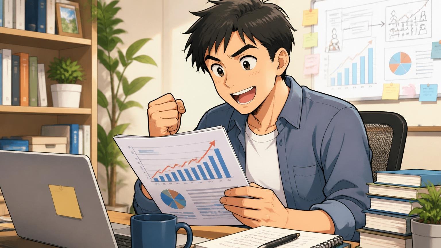 自宅のデスクでIT人材需給ギャップに関するレポートを読みながら自分のキャリアの可能性を再認識する30代エンジニア