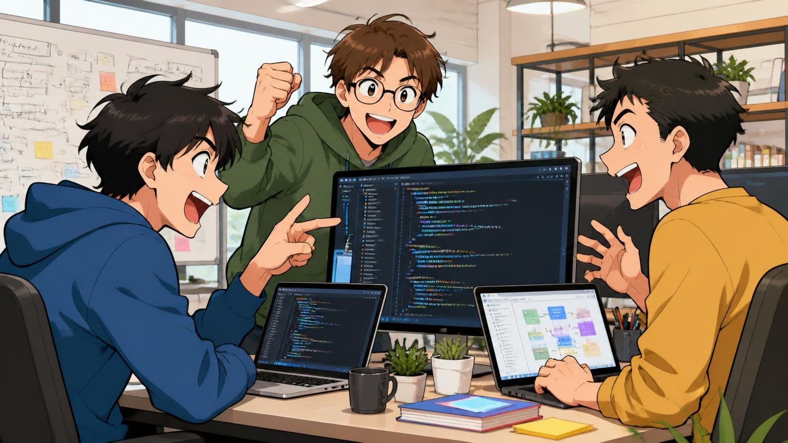 Web系スタートアップのオフィスでモダンな技術を使うエンジニア3人が明るい雰囲気で開発に取り組んでいる