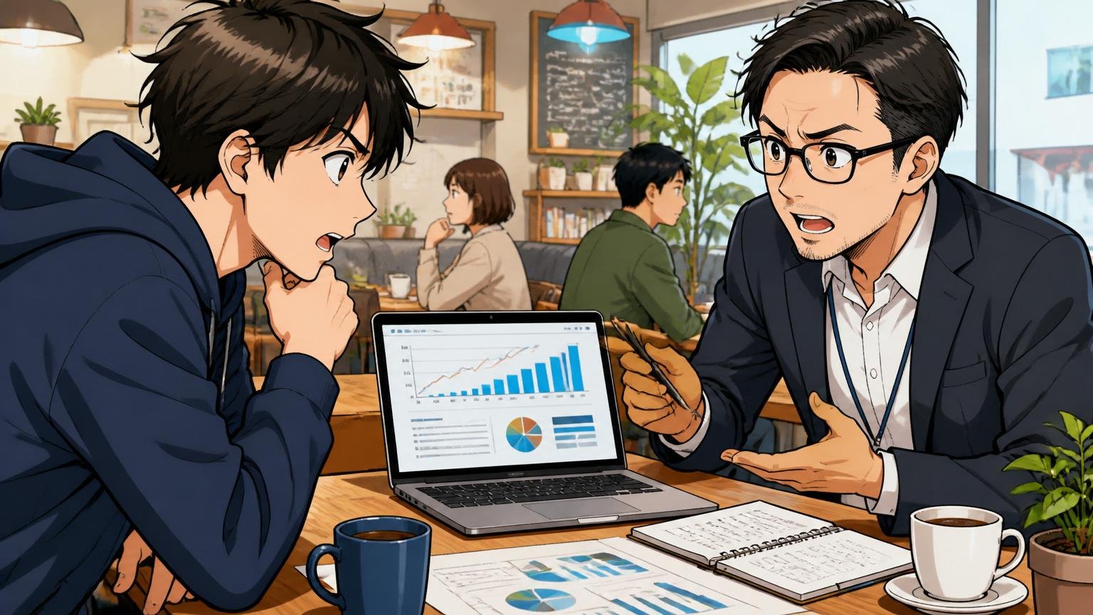 どちらを選ぶにせよ自分一人で決めないのが最短ルート。カフェのテーブル越しにエンジニアとキャリアアドバイザーが市場価値について真剣に話し合う2人