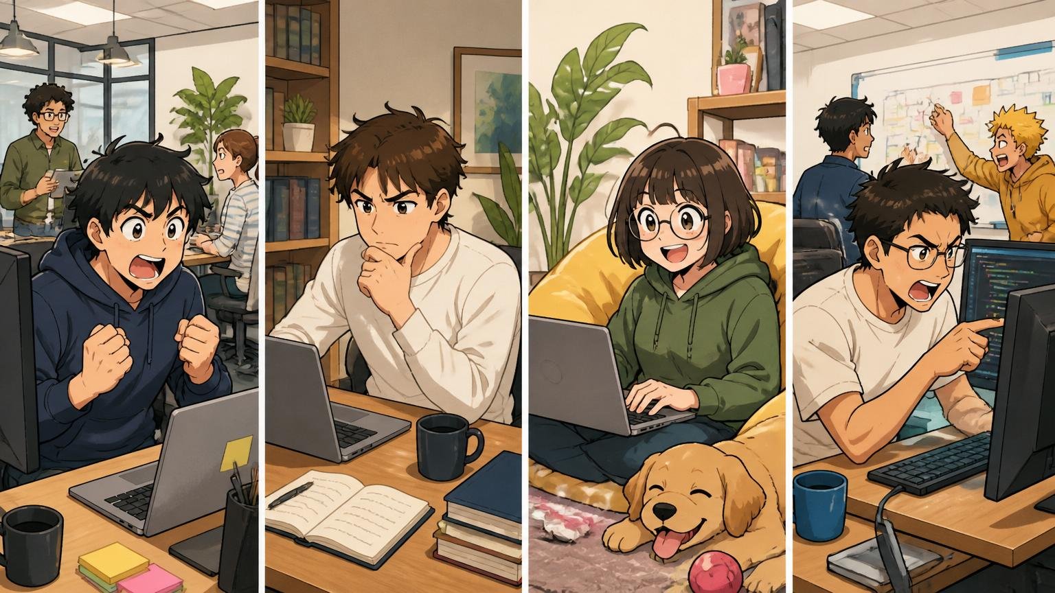 Web系スタートアップのオフィスで4人のエンジニアがそれぞれ異なる職場環境で働く姿を並列に示す構図