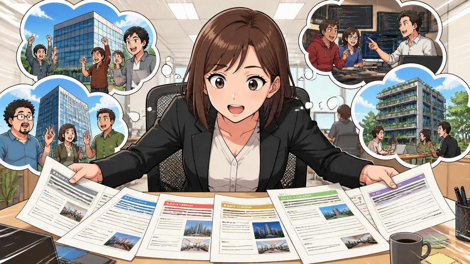 軸③：自分の市場価値と他社可能性、IT企業のオフィスで、面談中の中堅エンジニア女性1人が他社求人票を広げ視野を広げる