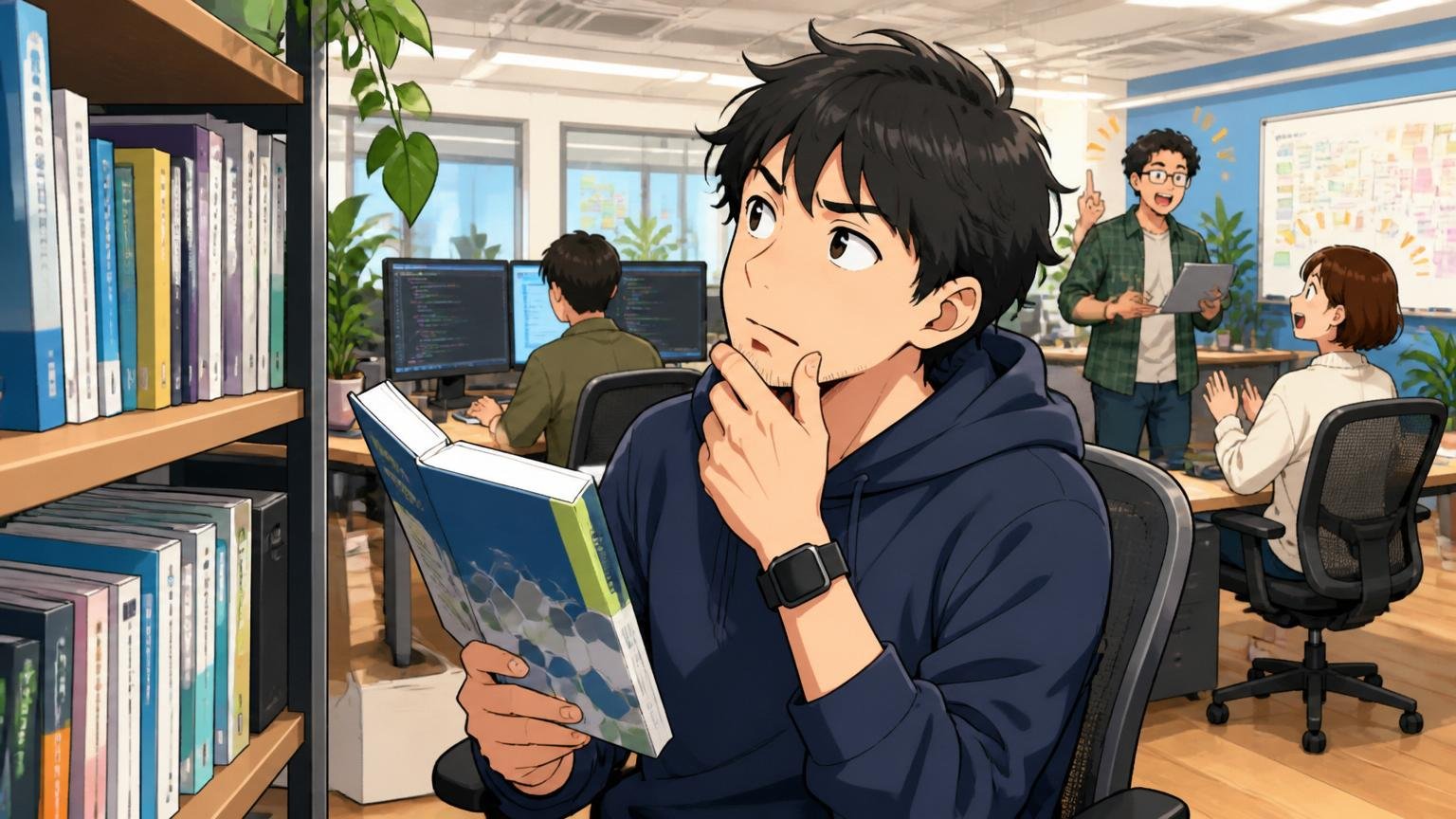 Web系スタートアップのオフィスで30代エンジニアが新しい技術スタックの本を手に取りながら次のキャリアを考えている