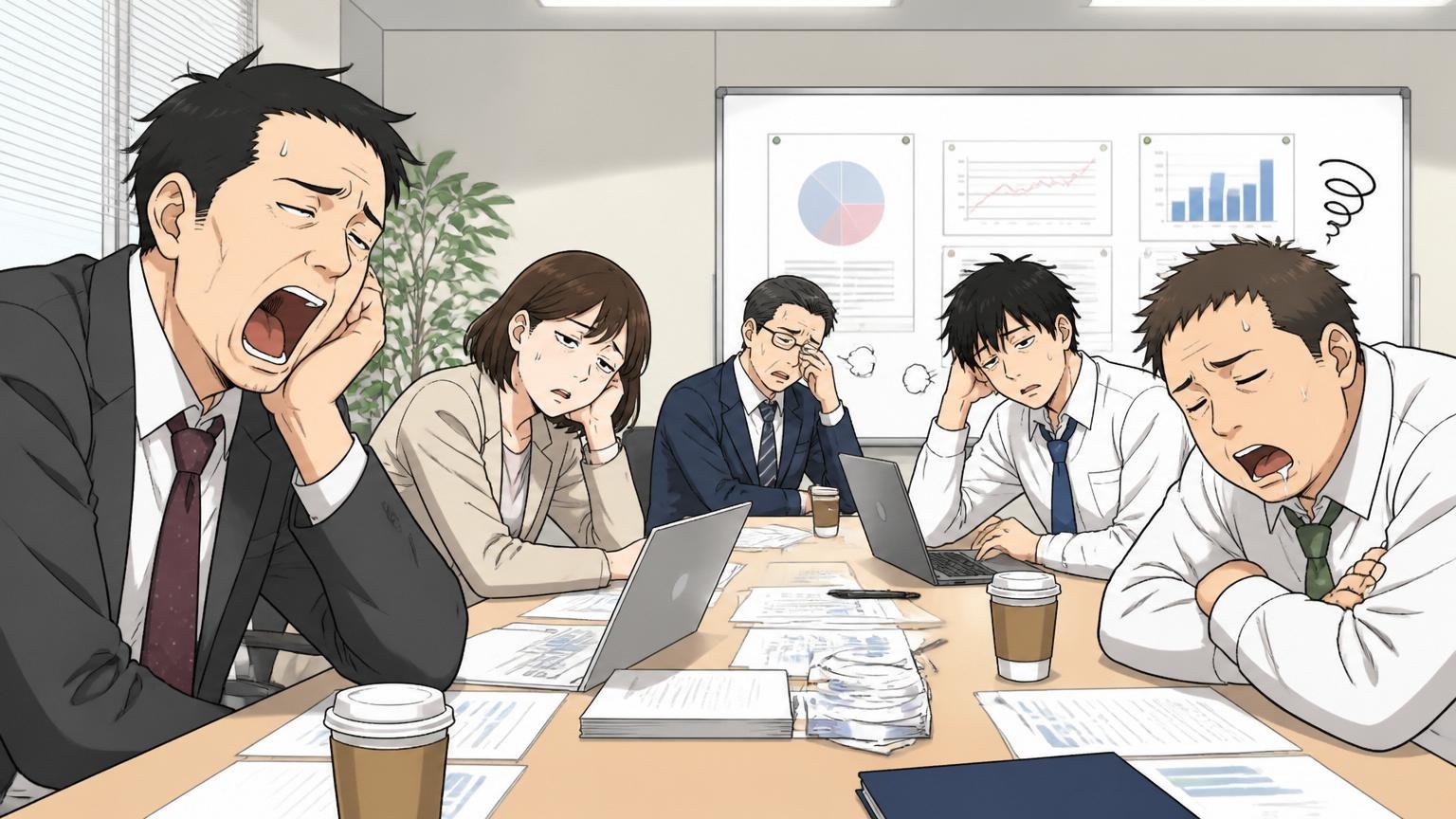 大企業の社内会議室で複数の社員が長時間の会議に疲れた表情で座る場面