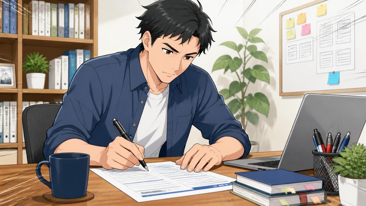 STEP3職務経歴書を課題と解決軸で書き直す。自宅のデスクで30代男性エンジニア1人が職務経歴書を清書している