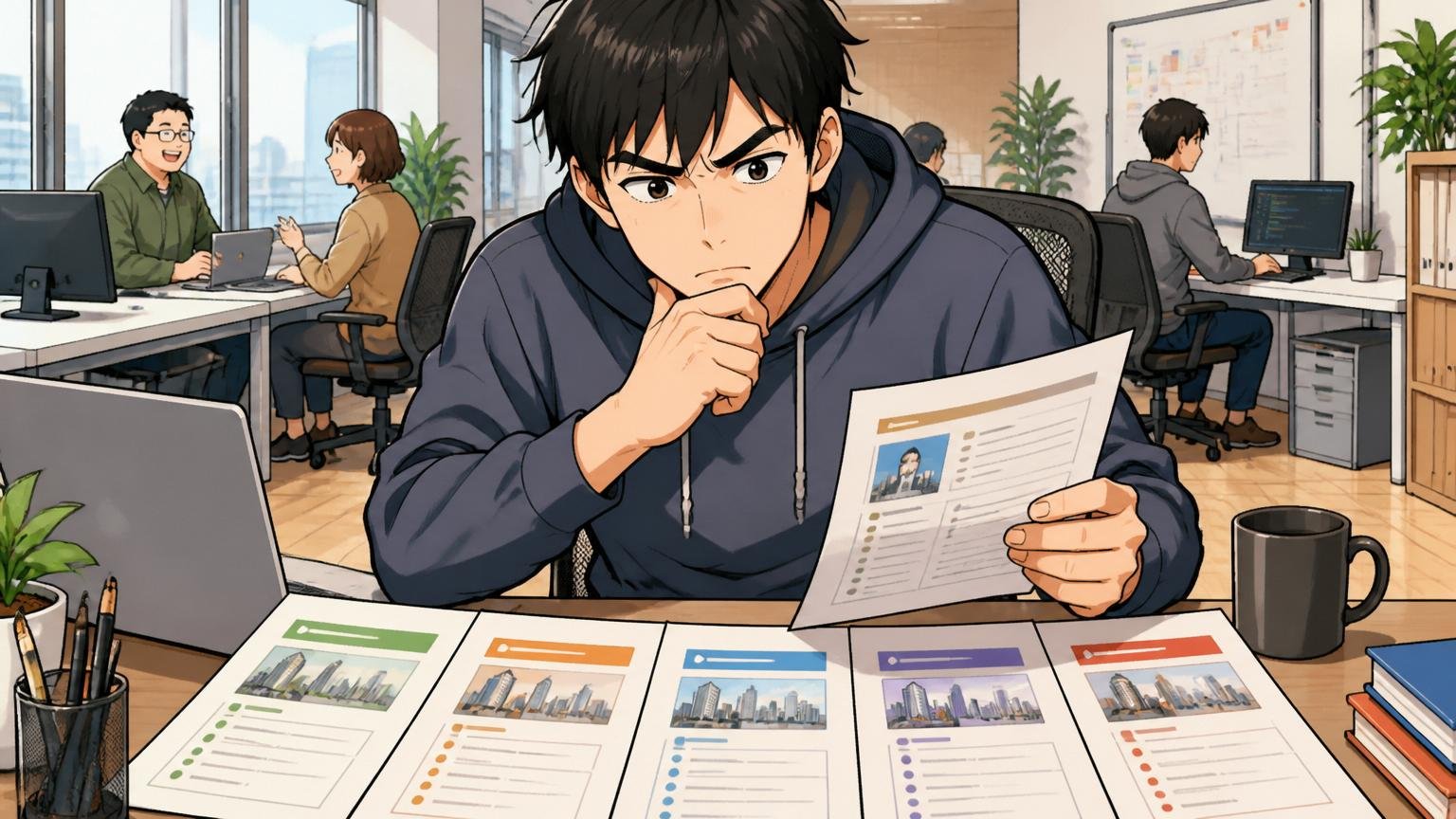 Web系スタートアップのオフィスで複数社の求人票を比較検討する30代男性エンジニア1人と並んだ印刷物