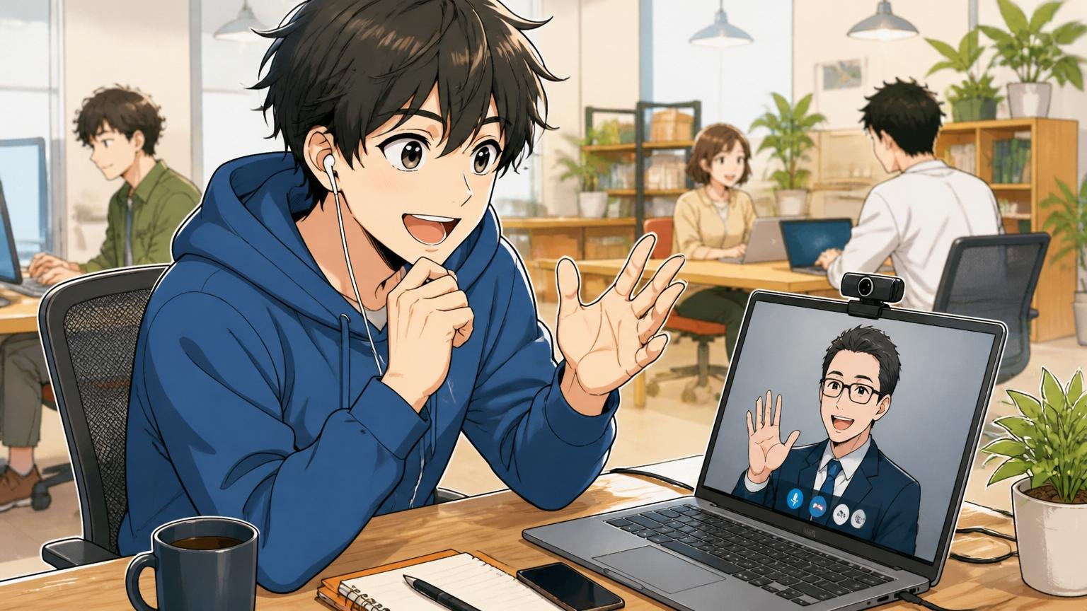 Web系スタートアップのカジュアルなオフィスで、20代後半男性エンジニアがエージェントとオンライン面談している場面