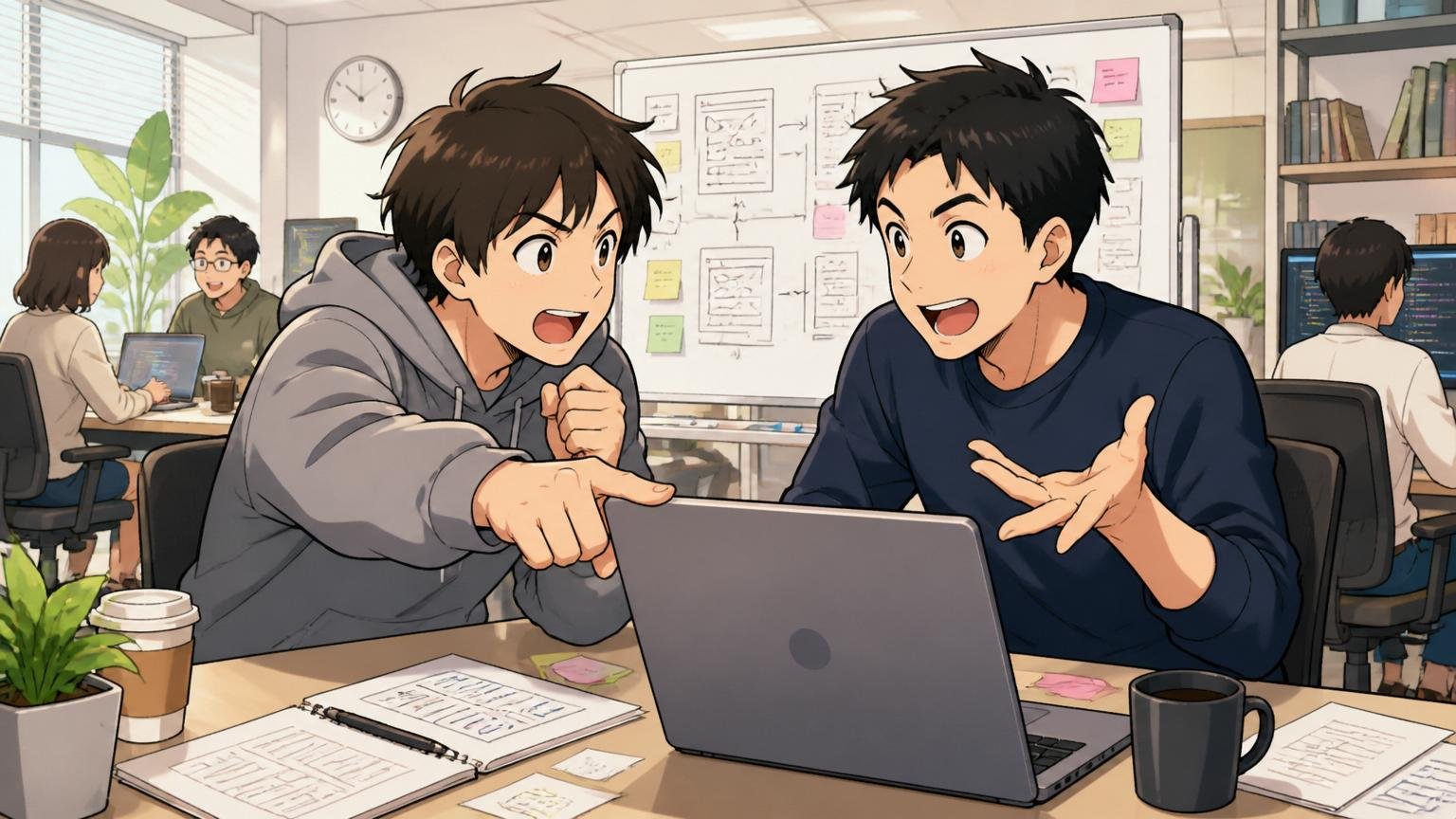 事業会社の自社開発でプロダクトに深く関わる。Web系スタートアップのオフィスで20代男性2人。プロダクトを議論