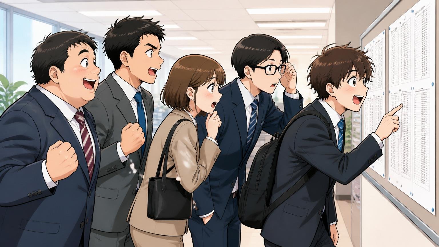企業のフロアで中途入社4人と新卒入社1人が並んで配属先掲示を確認する春の入社風景
