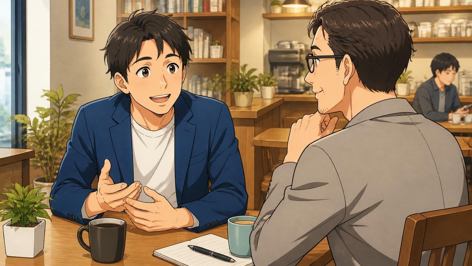 一人で抱え込まない｜カフェでキャリア相談を受ける男性が相談相手に話を聞いてもらい表情が和らぐ