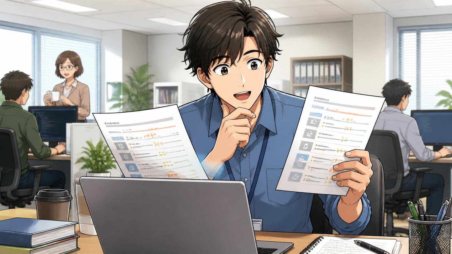 同じ条件の優良企業は他にもある｜オフィスで求人を比較する30代エンジニア、視野が広がる表情