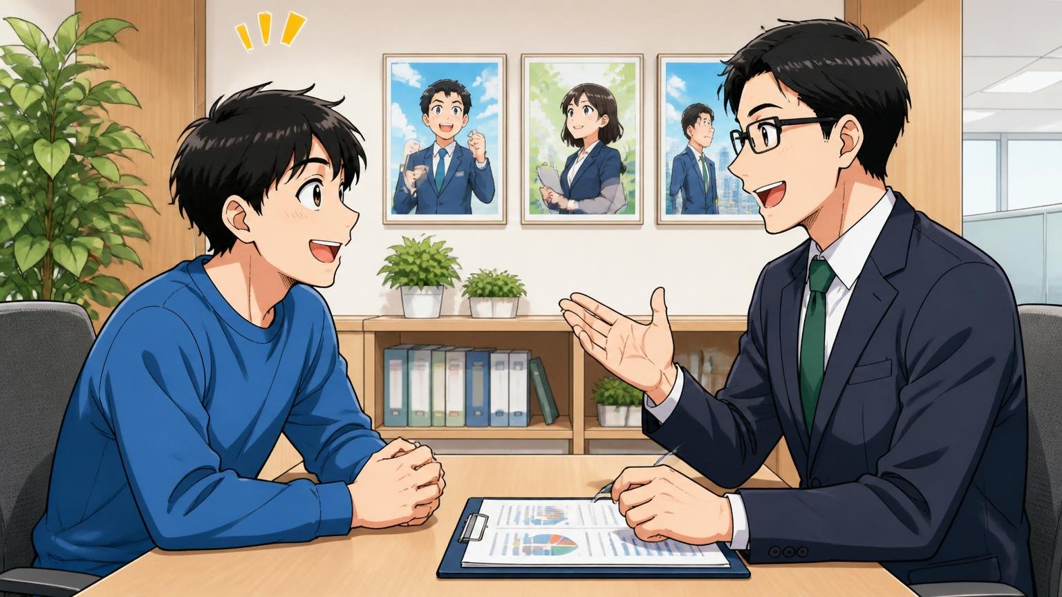 自分一人で決めなくていい第三者の視点を借りる 転職エージェントのオフィスでアドバイザーと男性が和やかに面談