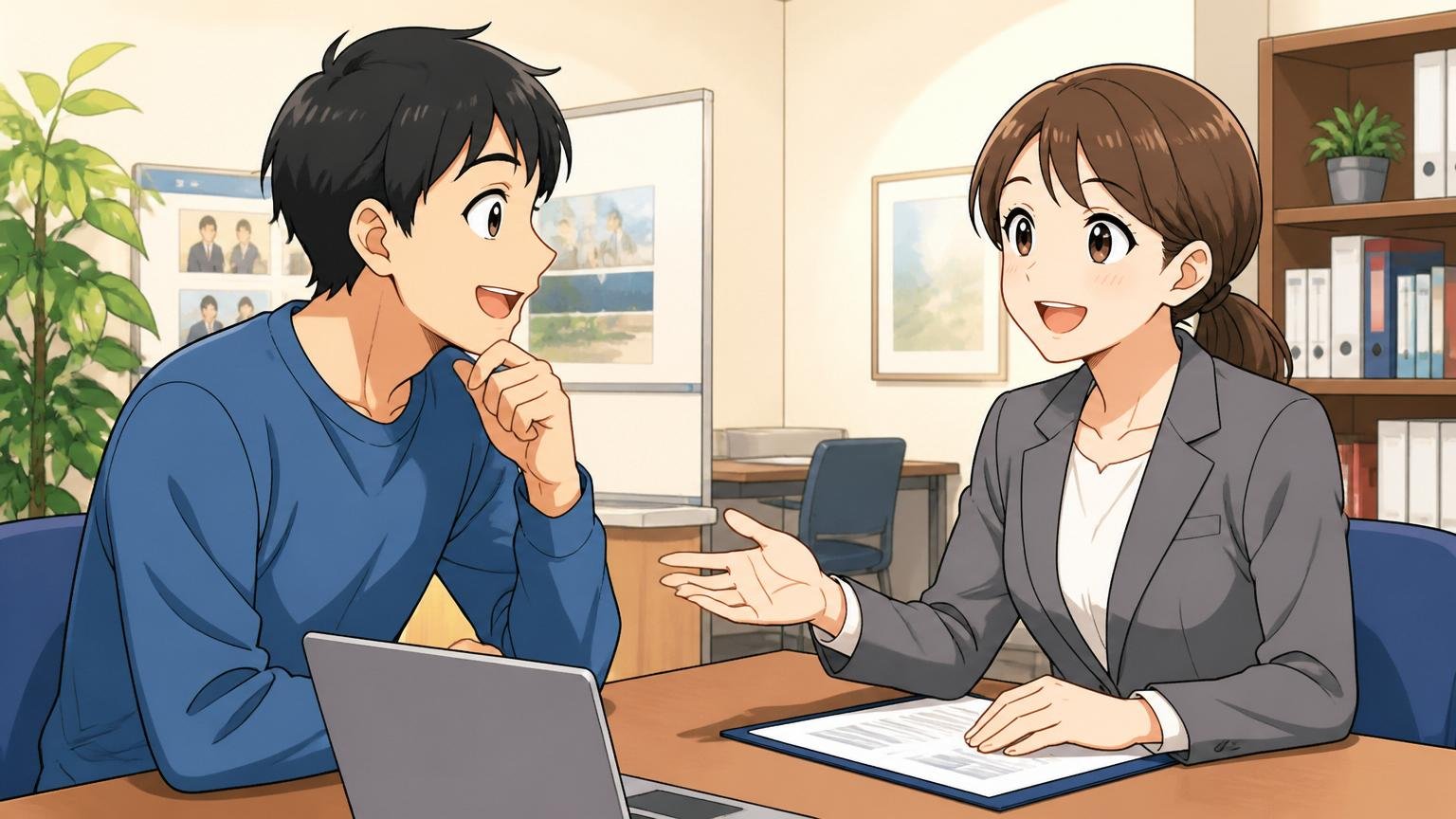 客観的なプロに無料で相談する、転職エージェントのオフィスで相談する求職者とアドバイザー、2人、安心した表情