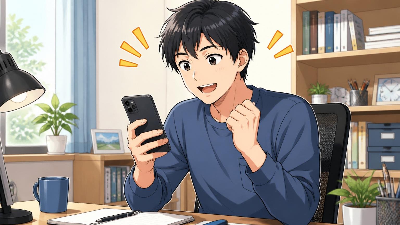よくある質問を読んで疑問が解消しすっきりする男性、自宅のデスクでスマホを手に、1人、納得して微笑む表情