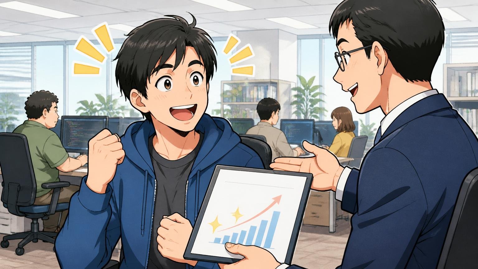 Web系企業のオフィスでキャリアアドバイザーから年収アップの提案を受けて笑顔になる30代エンジニアの場面