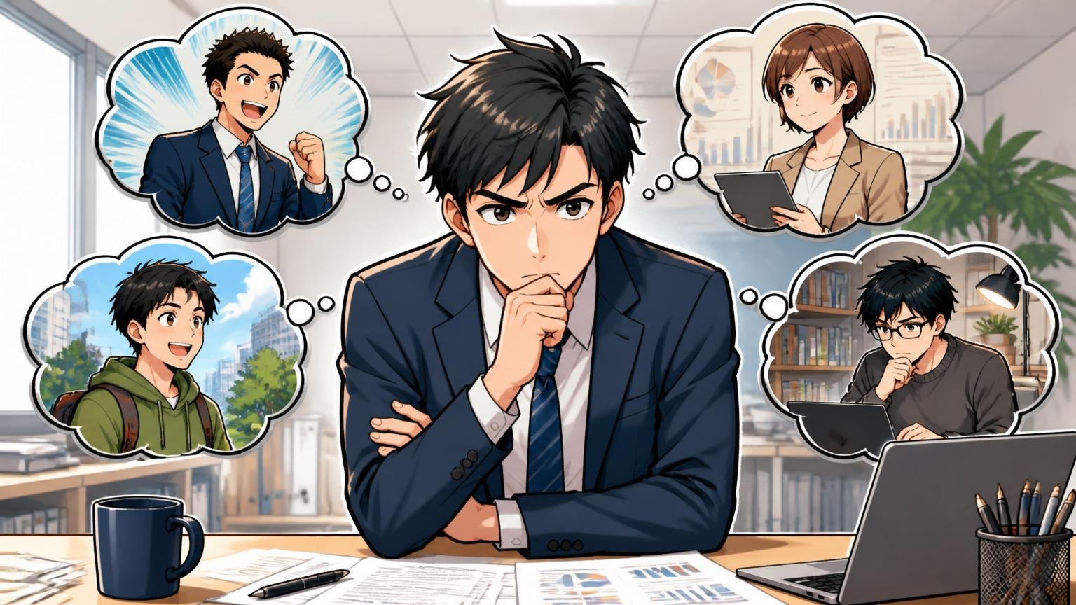 どちらを選ぶ？4つの判断軸 オフィスで1人 選択に向き合う表情