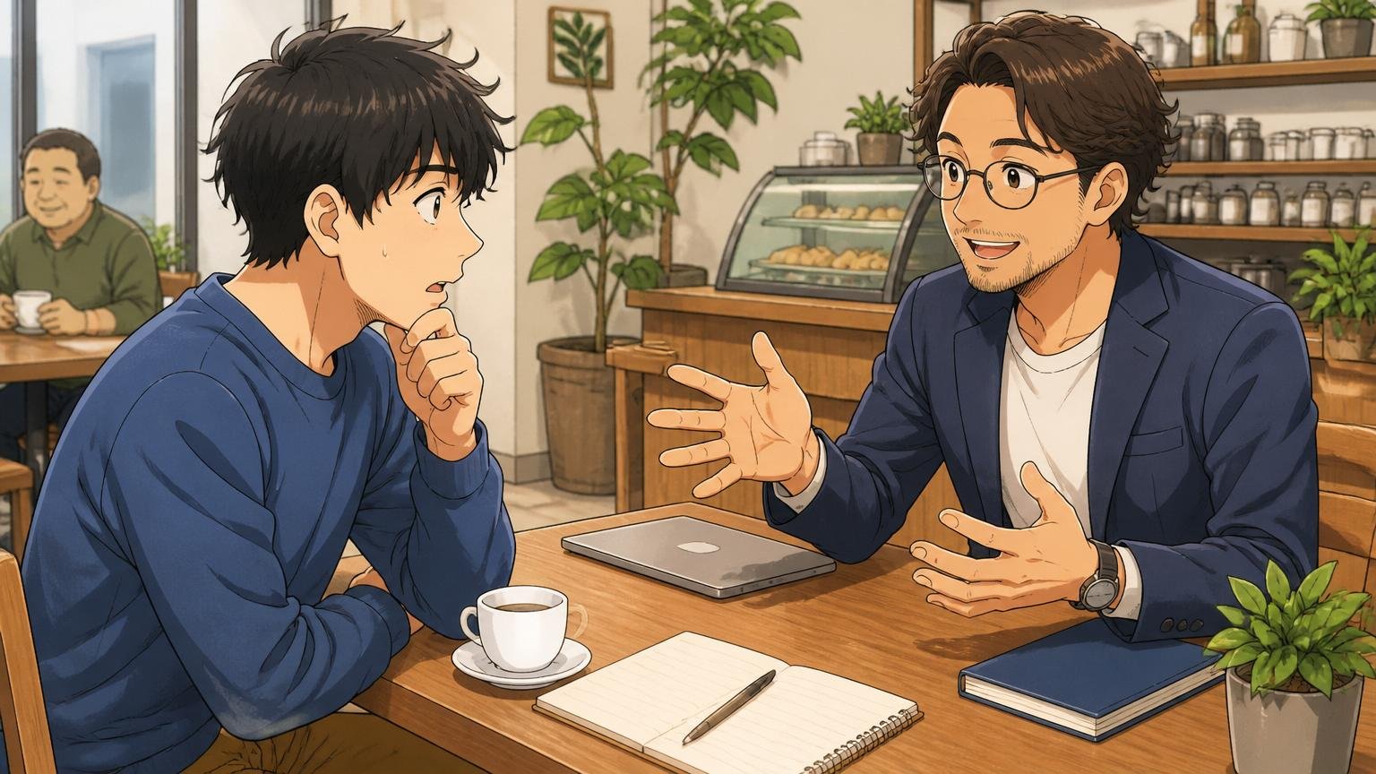 一人で決めない。カフェでキャリア相談する男性とアドバイザーが向き合って話す