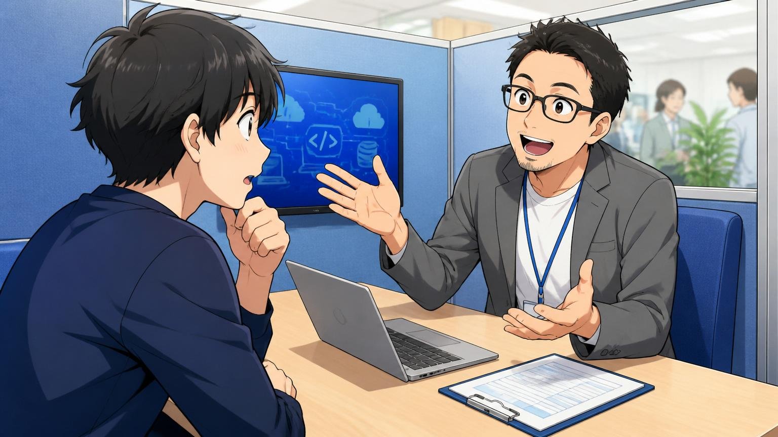 IT特化型エージェントに相談する｜面談ブースでアドバイザーと話す中途エンジニア