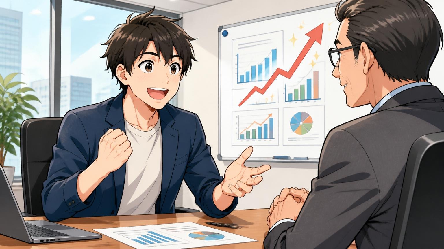 年収アップやハイクラスを狙うため市場価値を相談するエンジニア。企業の会議室で1人がアドバイザーに前向きに相談する笑顔