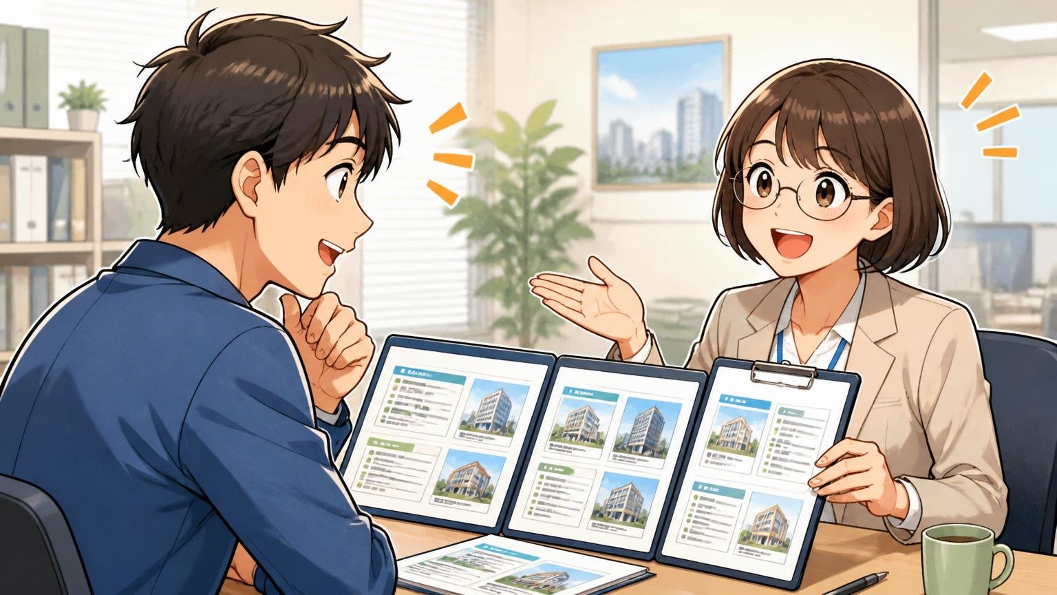 freee以外にも自分に合う優良企業はある。オフィスでアドバイザーから複数求人を紹介される転職相談、2人、明るい表情