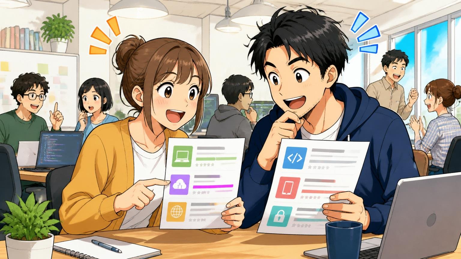 Web系スタートアップの明るいオフィスで複数の求人を比較し前向きに検討する20代女性と30代男性エンジニア