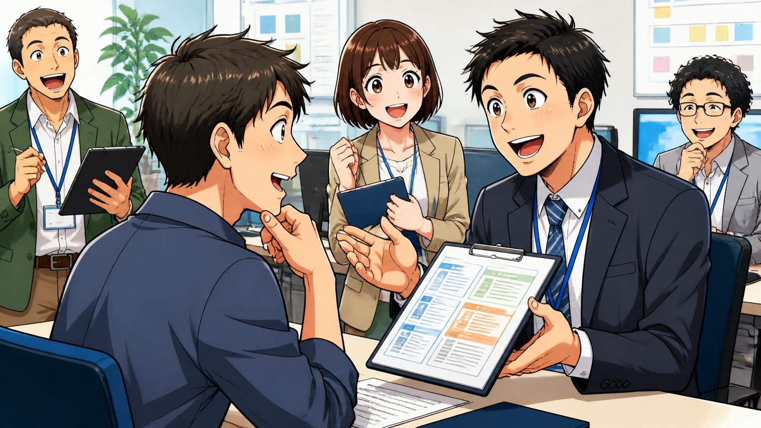 IT特化エージェントのオフィスで複数のキャリア担当者が経験者に向けて求人を提案し前向きな雰囲気で話している様子