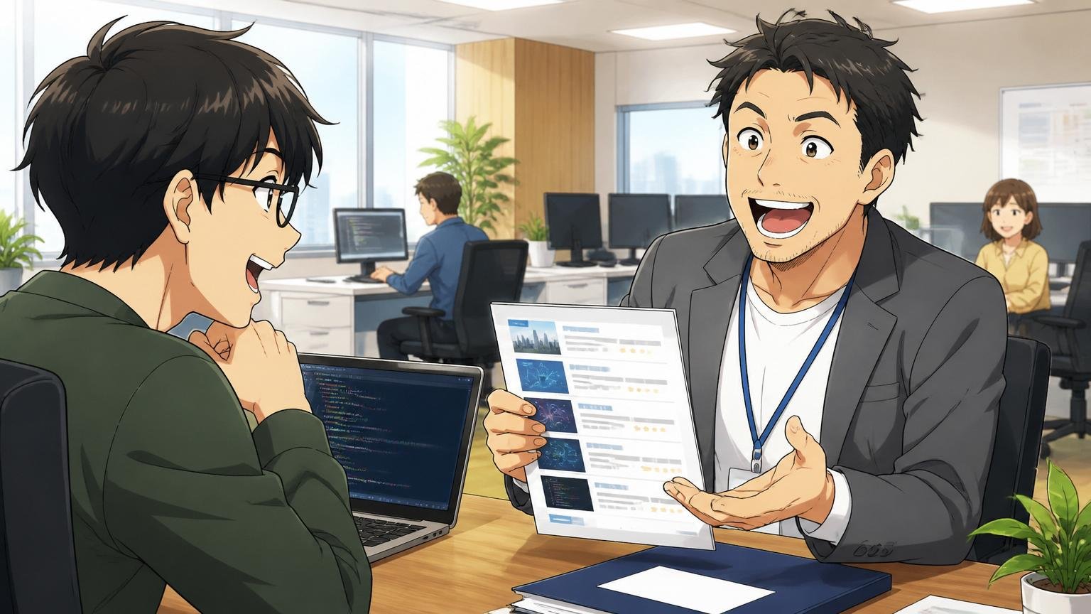 年収交渉と内部情報に強い経験者向けIT特化型エージェント 明るいオフィスでアドバイザーがエンジニアに求人を提案し笑顔