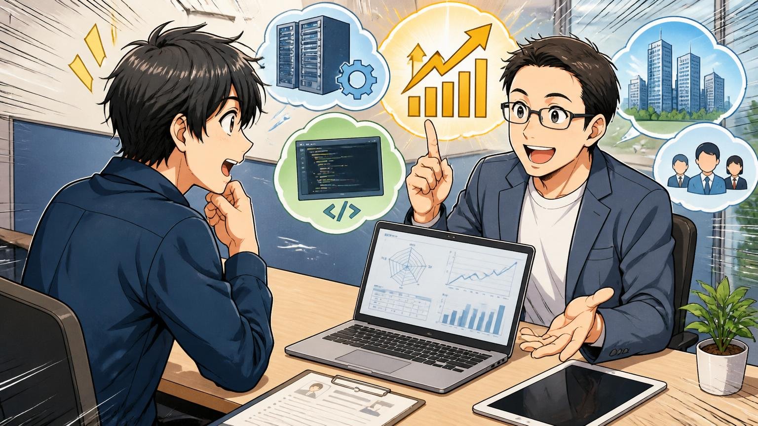 自分の市場価値を知るなら経験者向けIT特化エージェントが近道、面談ブースでアドバイザー1人とエンジニア1人が相談