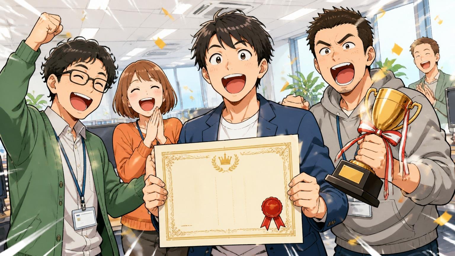 ホワイト企業大賞の受賞歴、IT企業の明るいオフィスで表彰状とトロフィーを掲げて笑顔で喜び合う社員たち