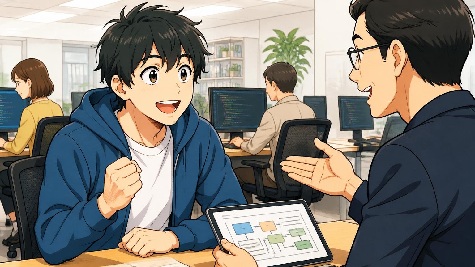 Web系企業のオフィスでIT専門アドバイザーと面談するエンジニア1人が納得し前向きな笑顔