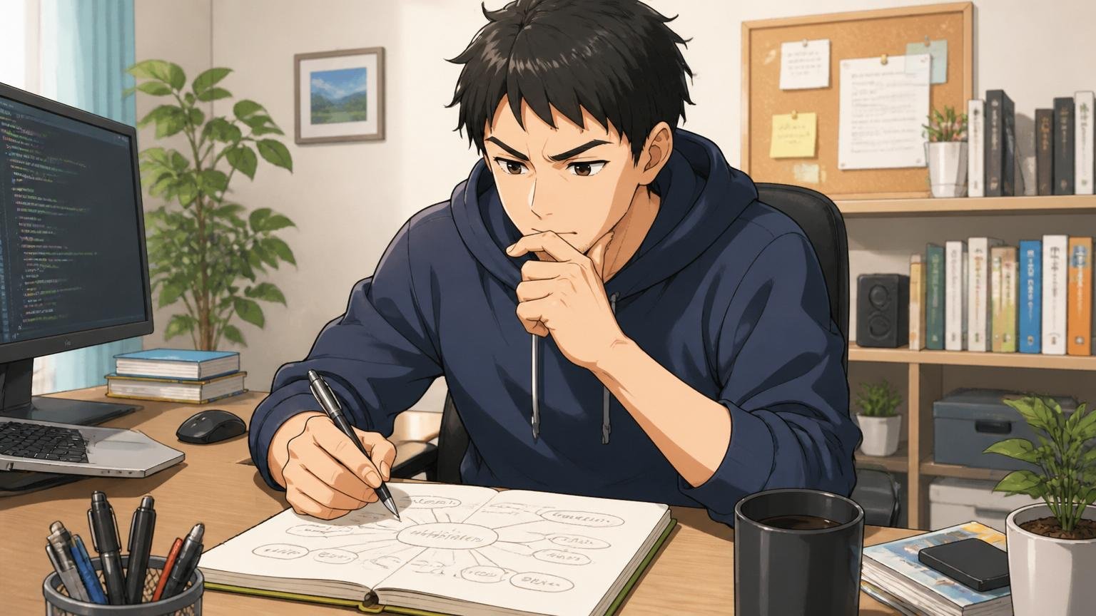 自宅のデスクでノートに自分のキャリアプランを書きながらじっくり考え込む30代エンジニア1人