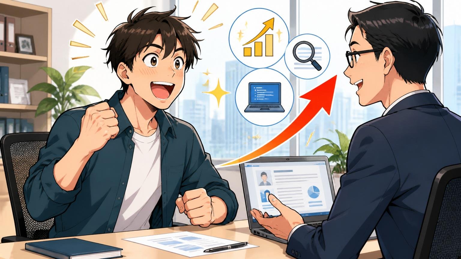 年収アップと情報収集に強いおすすめIT特化型エージェント3選。企業のオフィスでエージェントと面談し前向きになる30代エンジニアの笑顔