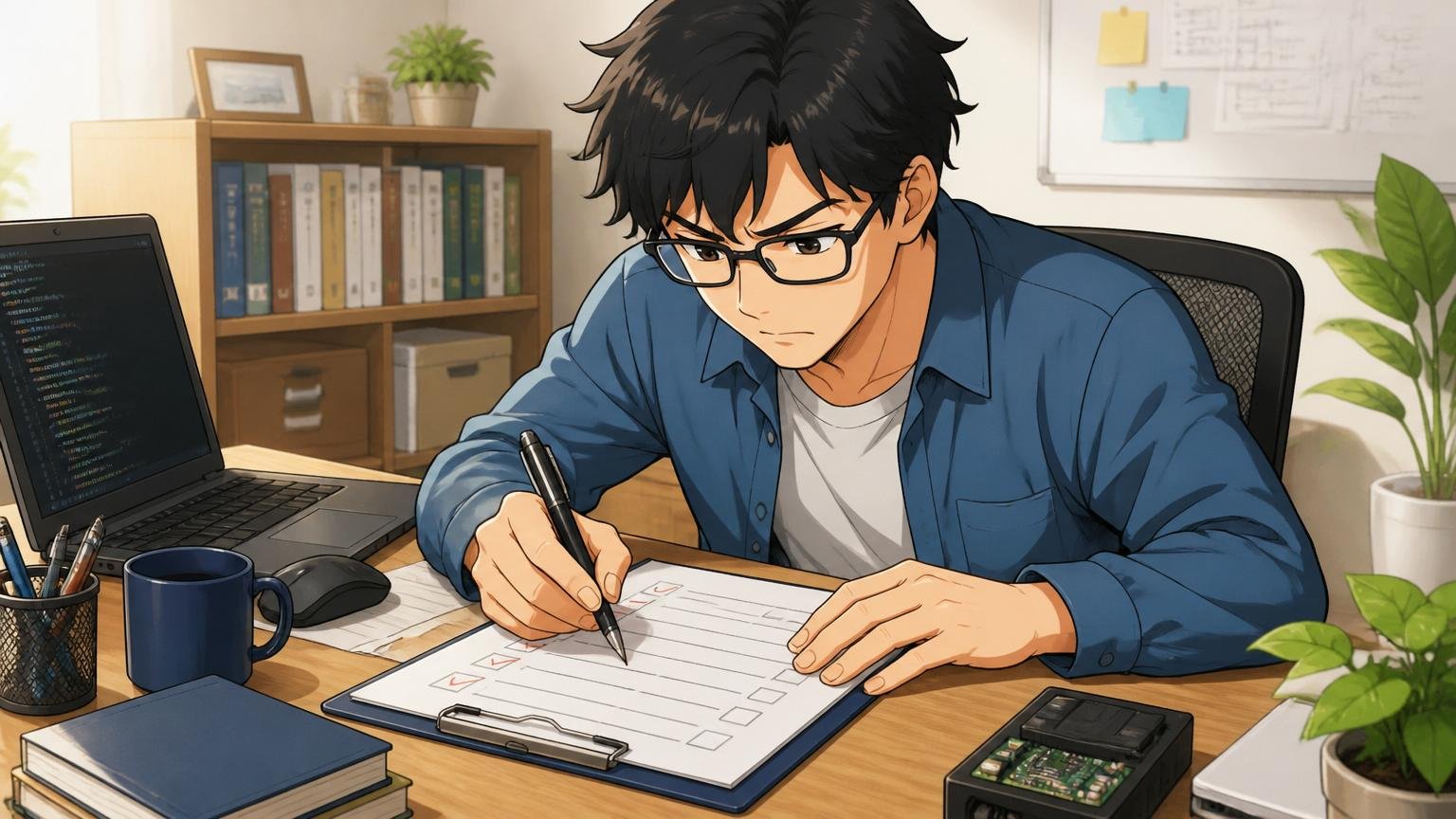 自己診断チェックリスト。自宅のデスクでチェックリストを書き込む男性エンジニア1人