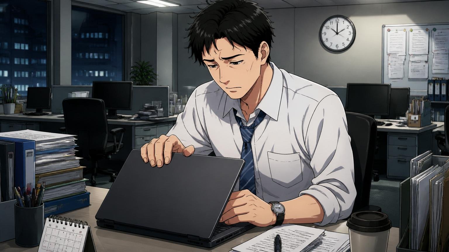 ネガティブな声|深夜のオフィスで疲れた表情でPCを閉じる30代男性1人、考え込む表情