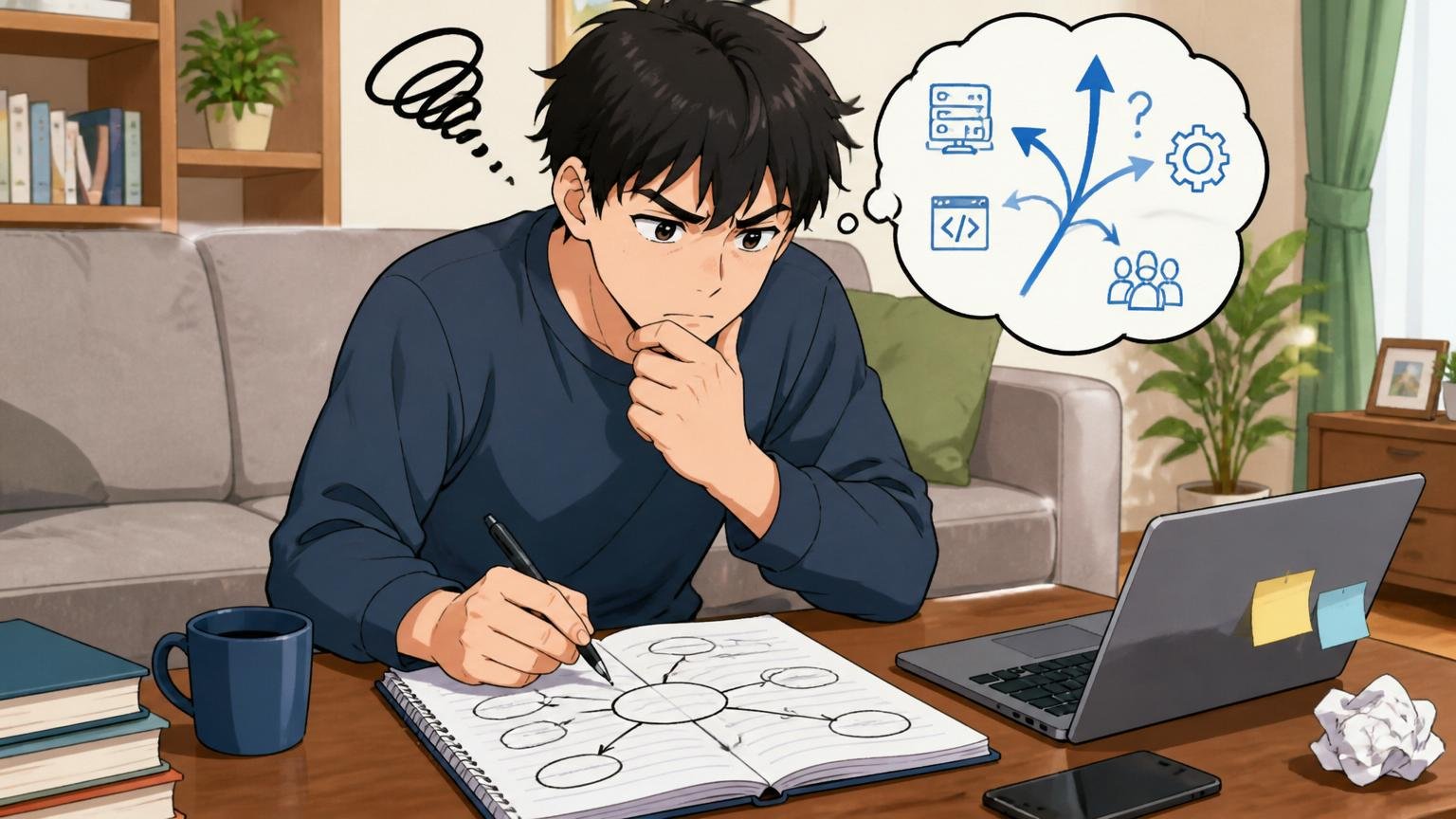 自宅のリビングでノートに進路を書き出して悩む中堅エンジニア1人