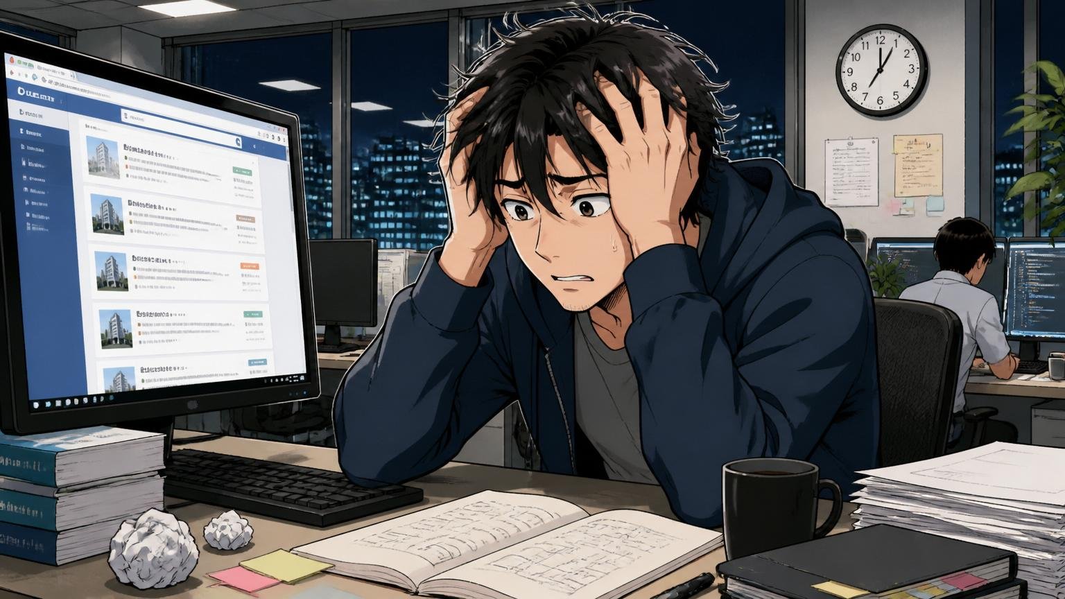 深夜のIT企業オフィス、デスクで頭を抱える20代後半男性エンジニア、PC画面に転職サイトと求人リスト、迷いの表情。
